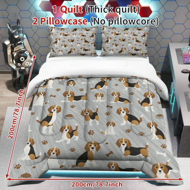 TEMU 3pcs Dog Quilt Set | 280gsm Quilted Soft Breathable Polyester Bedding (1 Quilt + 2 Pillowcases Without Pillow Core) For Bedroom Dorm Home, Machine Washable, Beagle Theme,