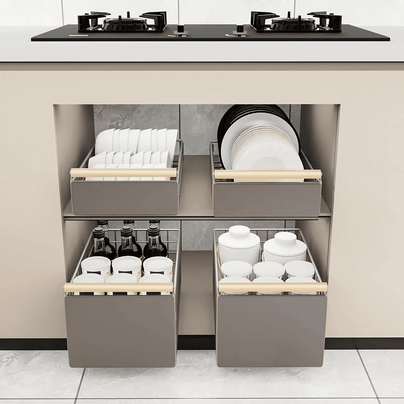 TEMU Pull- Out Cabinet Storage Organizer Bins With Wooden Handles, Metal Sliding Drawer Baskets For Kitchen, Pantry, Bedroom - Versatile Shelf For Dishes, Snacks, Household Items, Utility Racks