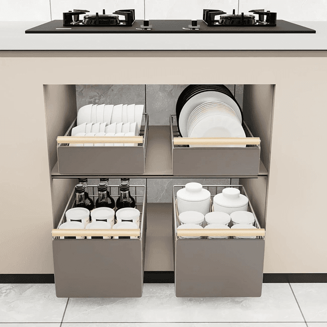 TEMU Pull- Out Cabinet Storage Organizer Bins With Wooden Handles, Metal Sliding Drawer Baskets For Kitchen, Pantry, Bedroom - Versatile Shelf For Dishes, Snacks, Household Items, Utility Racks