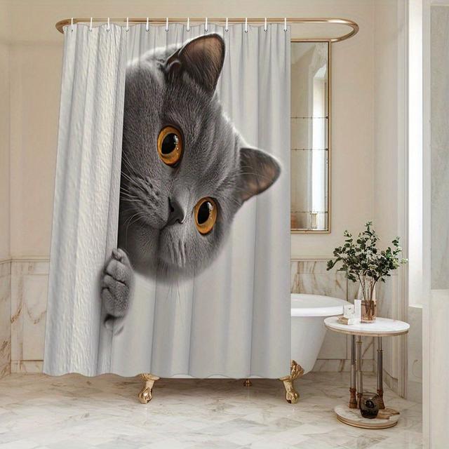 TEMU 1pc Cute Grey British Shorthair Cat Shower Curtain Cat Amber Eyes Wall Background Bathroom Decoration Polyester Home Decor For Bathtub Curtain Included 12 Hooks 70.8x70.8inches