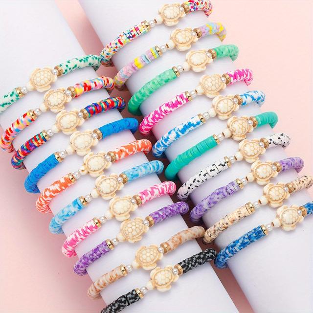 TEMU 20pcs Boho Chic Handmade Polymer Clay Beaded Stretch Bracelets, Multi-colored Sea Turtle Stackable Summer Beach Jewelry, Ideal Gift For Men And Women, Turtle Decor