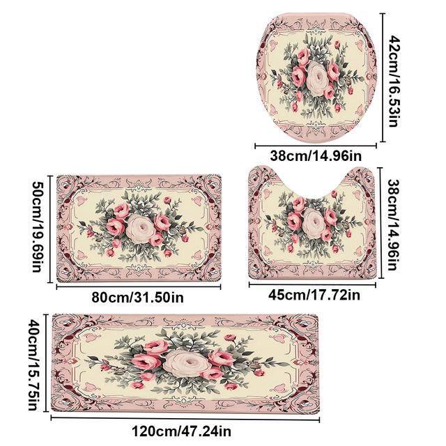 TEMU 4 قطع/مجموعة سجادة حمام واقية مطبوعة بورود وردية لتزيين الكريسماس، سجادة حمام غير قابلة للانزلاق، سجادة حمام من الفانيلا، سجادة أرضية للحمام، سجادة مرحاض عالمية ومريحة، ديكور منزلي، ديكور شتوي