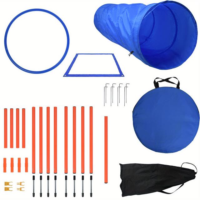 TEMU In- Dog Agility Training Equipment With Tunnel, Slalom Poles, Height-adjustable Jump Rings & Pole - Portable Obstacle Course Suitable For For Dog Breeds & Sizes - /outdoor Agility Setup