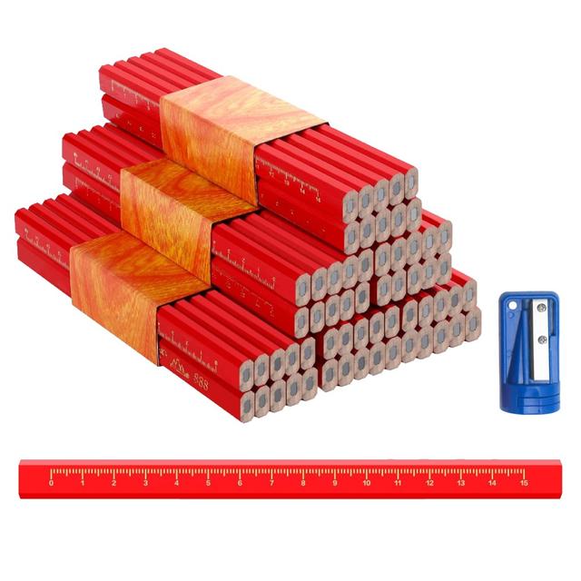 TEMU Kit de 60 crayons de octogonaux, crayons de construction rouges 175 mm avec mine épaisse et , idéal pour les dessins de menuiserie, les plans de construction et les tâches de travail