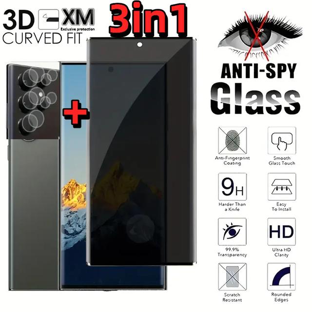 TEMU 3-in-1 Privacy Screen Protector Made Of Tempered Glass, Designed For For Galaxy S22 Ultra 5g/for Galaxy S23 Ultra, Includes 1 Tempered Glass Privacy Film And 2 Lens Protectors