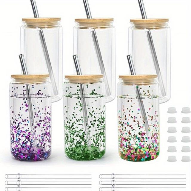 TEMU Of 6 Clear Plastic Cups Featuring A Snowball Design, Equipped With Pre-drilled Holes, Bamboo Lids, And Straws, Iced Coffee, Juice, Soda, And Smoothies