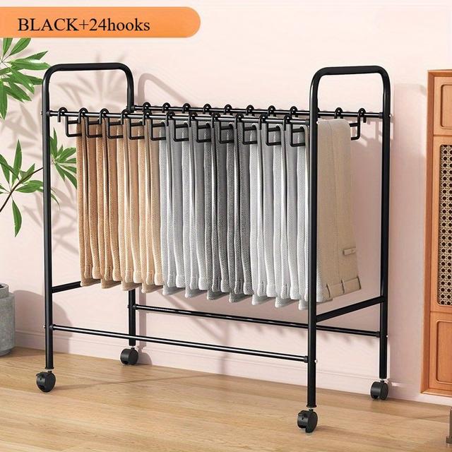 TEMU 24フック付きパンツ収納ラック、多機能・滑り止め＆省スペース設計、キャスター付き移動式、ワードローブや賃貸住宅に最適、ジーンズ・スカートなど収納可能なコンパクトデザイン