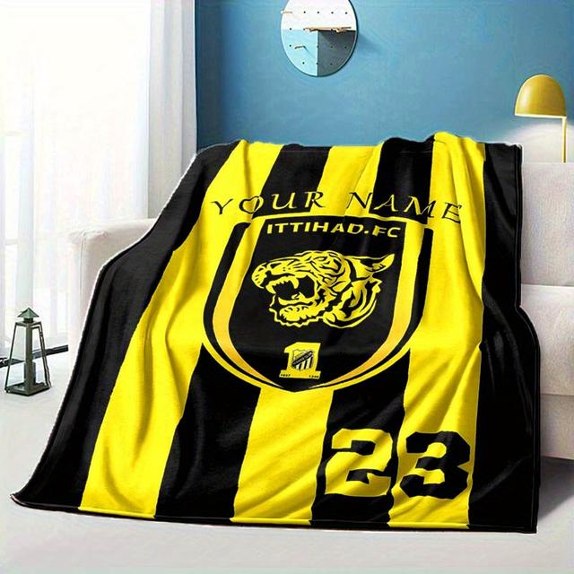 TEMU Customizable Al- Fc Fleece Blanket - Soft Polyester Throw With Personalized Name, Striped Design, Perfect Gift For Sports Fans, Home Decor