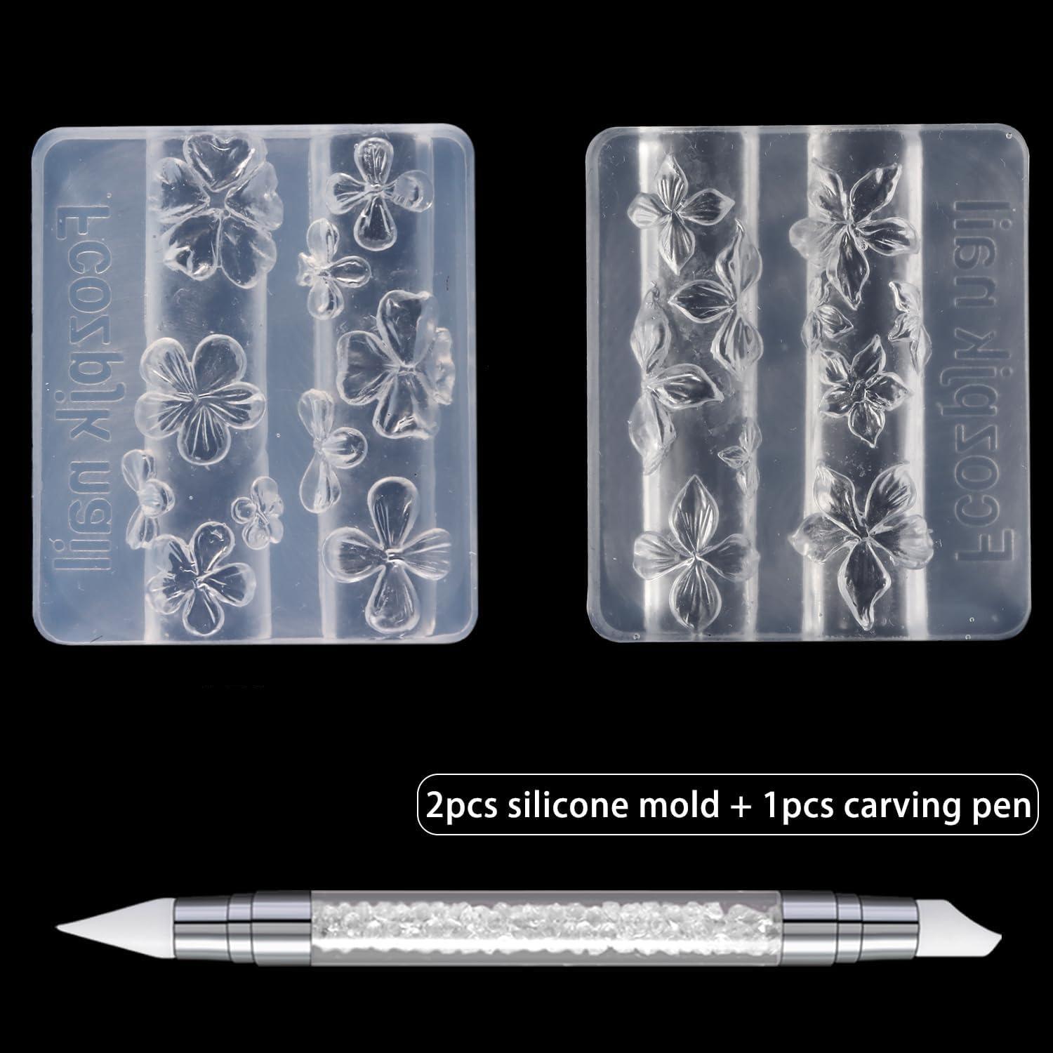 TEMU 3pcs Silicone Nail Art Molds, 3d Flowers Nail Charm Molds With Carving Pen Clear Modeling Templates Hibiscus Flowers Cherry Design Mold For Resin Epoxy Professional Supplies