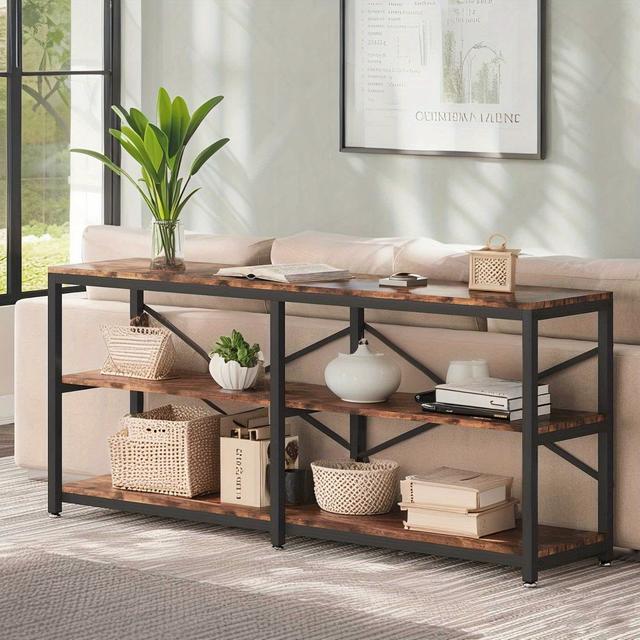 TEMU 70.9 Inch Extra Long Console Table, Modern Sofa Table Behind Couch Table With Storage Shelves, 3-tier Industrial Hallway Entryway Table For Living Room, 3 Shelf Bookshelf