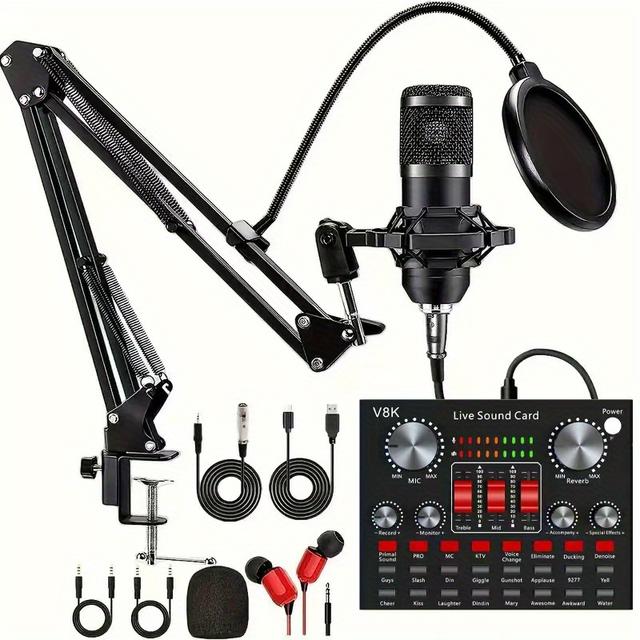 TEMU Professional Microphone System Kit With Sound Card, 3.5mm Jack, Usb/battery, Rechargeable Lithium Battery, For Gaming, Singing, Streaming - Networking Live Broadcast Equipment