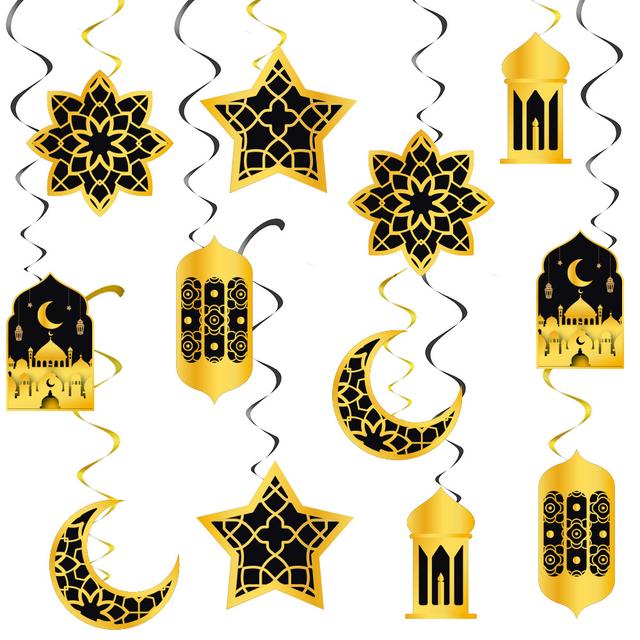 TEMU زينة حفلات رمضان، 12 قطعة من أشرطة عيد الفطر، زينة على شكل نجمة وقمر، زينة حفلات ، باللونين الأسود والذهبي، لوازم حفلات
