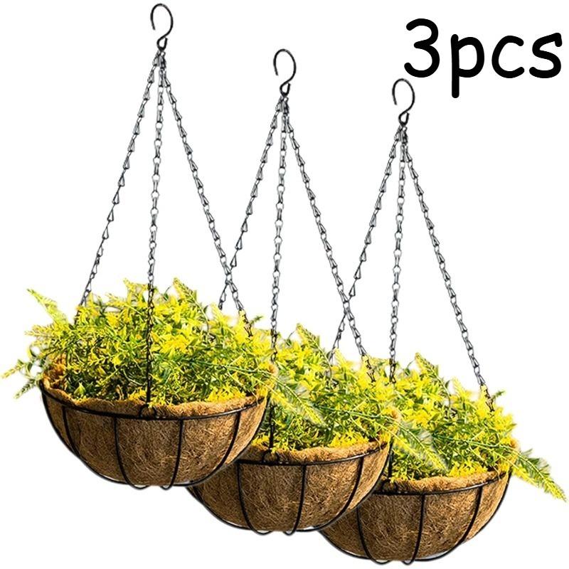 TEMU Hanging Baskets For Plants Outdoor (10-inch, 3pcs Set), Retro Metal Round Hanging Flower Pot Baskets With Hooks, Suitable For And Gardens, Flower Pots For Railings