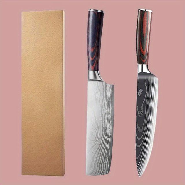 TEMU 2本入り、ナイフセット、高炭素ステンレス鋼ダマスカス模様入り牛刀、中華包丁、骨抜きナイフ、プロ用多目的ナイフ、手打ち万能ナイフ、キッチン用高品質家庭用調理器具、野菜ナイフ、肉切り包丁