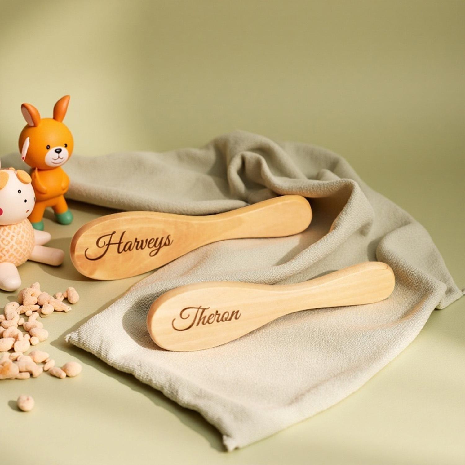 TEMU Customized Hair Brush - Natural Goat Wool Soft Bristles, Oval Walnut Handle, Can Engrave Names And Birthdays, Suitable For Boys And Girls, Bathing, Photography Props, For Children's Day