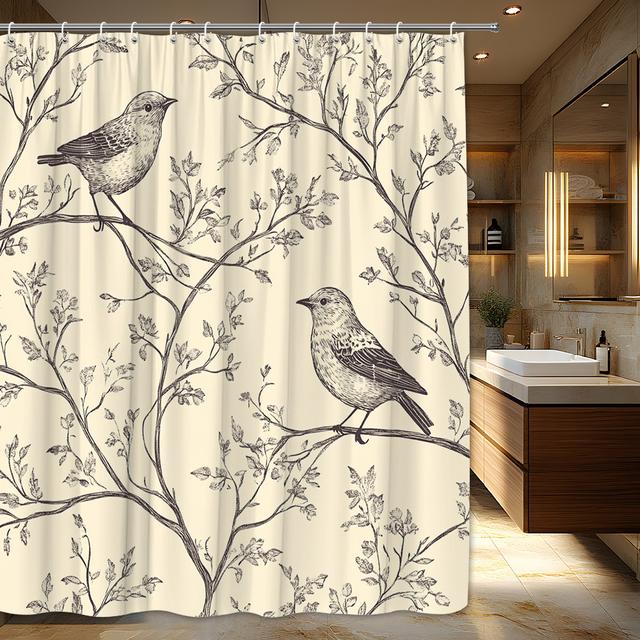 TEMU 1pc Vintage Birds And Branches Shower Curtain - Soft Tones, Perched Birds & , 70.87x70.87 Inches, Includes 12 Hooks, Polyester Fabric, Machine Washable, Elegant Bathroom Decor