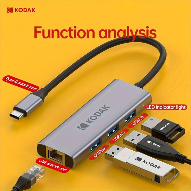 TEMU Kodak, T343, 4-in-1 Usb-c , 3 Usb 3.0 Ports, With Ethernet, 1 Gigabit Data Transfer Rate, Compatible With Laptops, Tablets, Phones, Projectors, Plug And Play