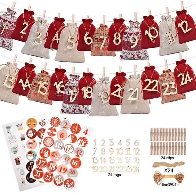 TEMU Weihnachtsankunftskalender Digitaler Beutel Weihnachtsgeschenk Rentier Muster Jute Zugbeutel DIY Countdown Ankunftskalender Seil Jacke Weihnachtsdekoration Geschenk, Geeignet für Weihnachten