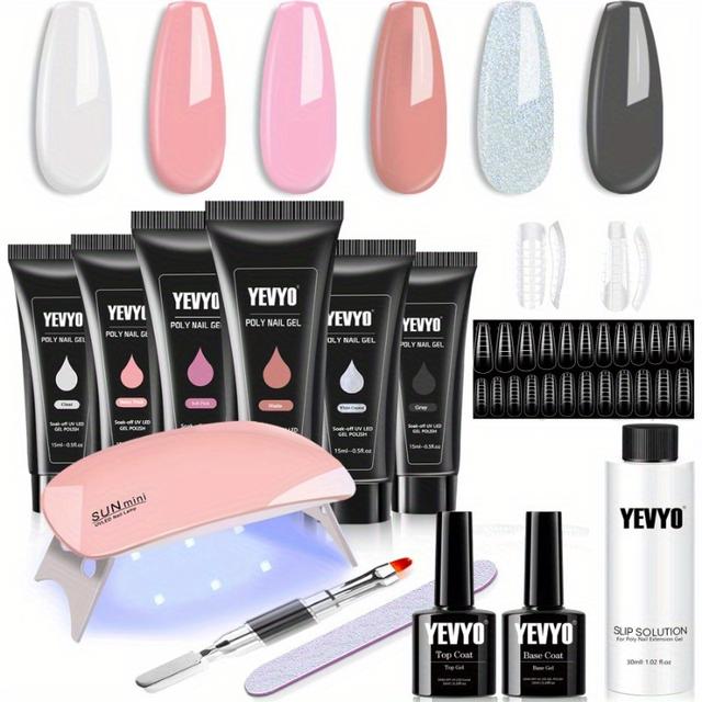 TEMU 6pcs Poly Gel Nail Kit With Lamp Nail Brush And Nail Forms Top Base Coat Builder Nails Art Tools, Nail Kit For Women