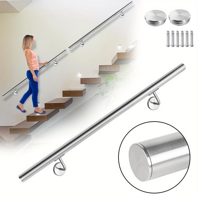 TEMU Single Rod Handrail Railing Stainless Steel Stair Railing With Metal Pins Wall Handrail Wall Bracket Stainless Steel Handrail For Outdoor, Balcony