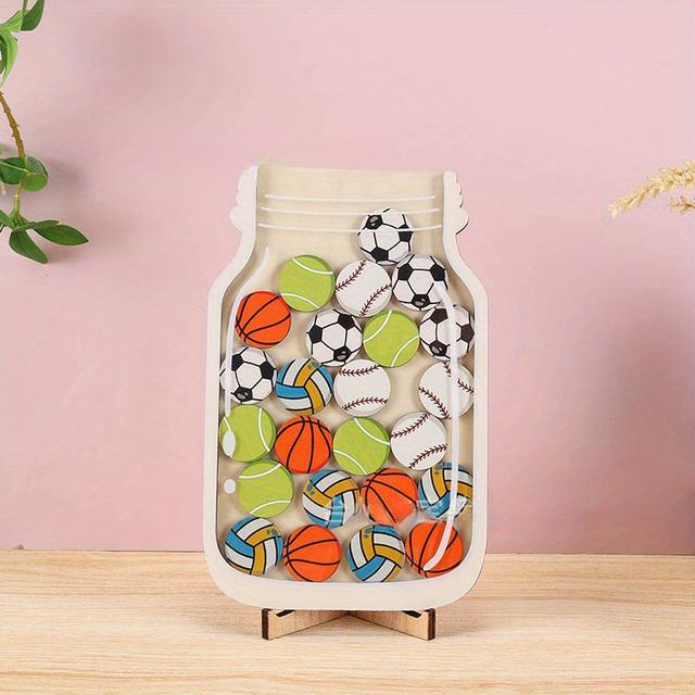 TEMU 1pc Contemporary Wooden Decorative Jar With Cork Closure - Rectangle Reward Jar For Classroom, Basketball, Football, Tennis Wooden Card, Ideal For Bulletin Boards & Home Learning