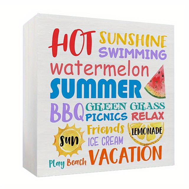 TEMU Summer Themed Plastic Sign, 4x4 Inch, Floor Mounted Decorative Block Plaque With Seasonal Words For Home Office Kitchen Shelf Wall Decoration, Kitchen Decor