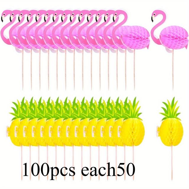 TEMU 플라밍고 파인애플 로스터테일 스틱 장식, 컵케이크 토퍼 및 샌드위치용 나무 막대기, 바/결혼식/생일 하와이안 루아우 파티 용품