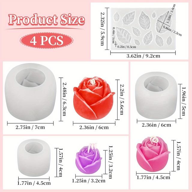 TEMU (4pcs) Roses Candle Molds, 3d Rose Flower Silicone Molds With Leaf Molds For Candle Making, Epoxy Resin Casting, Valentine's Day Marriage Proposal Theme Home Decor