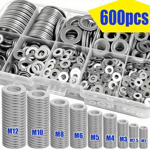 TEMU 600pcs Stainless Steel Flat Washers Combination Kit (models M2 - M12) For Home Diy, Industrial Repairs, Kitchens, Shop Decoration And Outdoor Building Maintenance