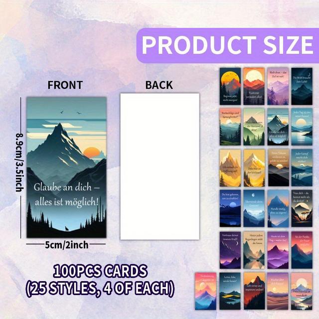 TEMU 100 Stück Karten-Set – Deutscher Berglandschafts-Motiv – Illustriertes Motto-Kartenset, 25 Einzigartige Designs, Ideal für Freunde, Familie, Feste & Dankbarkeit