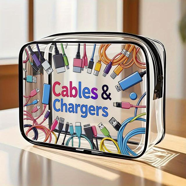 TEMU Available: Clear Travel Cable Organizer Bag, "cables & " Printed, Large Capacity Pouch, Ideal For Tech Trips, Business , Daily Device Storage, Perfect As Birthday & Holiday Gifts