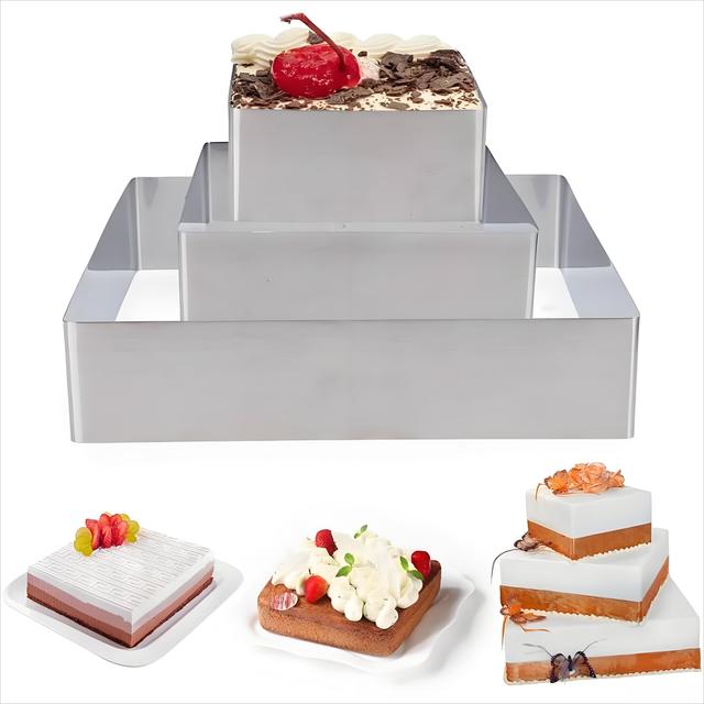 TEMU Ensemble de moules à gâteau carrés, mesurant 4, 6 et 8 pouces, en acier inoxydable. Ces anneaux à gâteau à niveaux idéaux pour créer du tiramisu, des gâteaux à mousse et autres desserts.