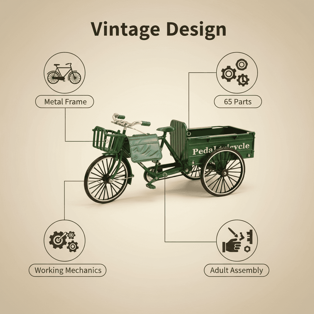 TEMU -yourself Classic 3-wheel Flatbed Cart - 65pcs Of Functional Mechanical Parts, Retro Desk Decoration, Collectible Model Vehicle & Unique Gift For Grown-ups