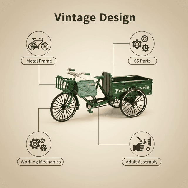 TEMU -yourself Classic 3-wheel Flatbed Cart - 65pcs Of Functional Mechanical Parts, Retro Desk Decoration, Collectible Model Vehicle & Unique Gift For Grown-ups