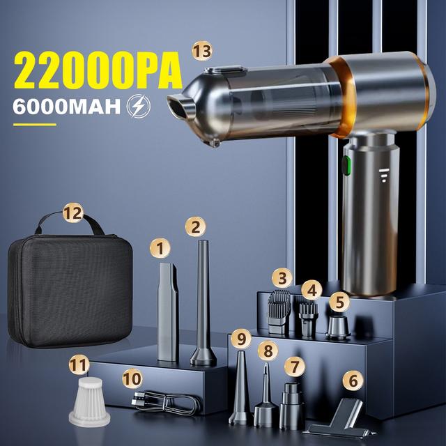 TEMU 22000PA Erős Szívóerővel Rendelkező Autós Porszívó – Akkumulátoros, 4-in-1 Használatra: Házi és Autós Tisztítás, Könnyen Kiüríthető Porfazék, Állatszőr/Szófa/ Szőnyeg