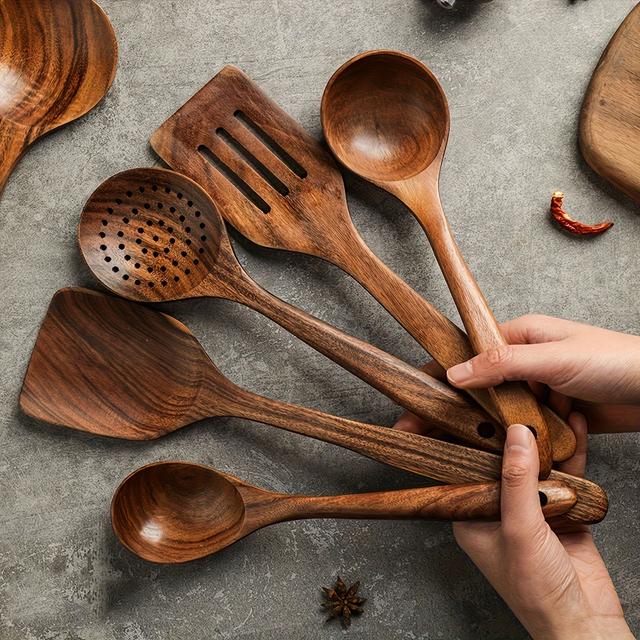 TEMU 5pcs Wooden Cooking Spoon Set, Frying Pan Turner, Natural Teak Wood Kitchen Spatula Set, Skimming Spoon, Wooden , Tableware Set, Wooden Spatula, Soup Spoon, Teak Wood Ki