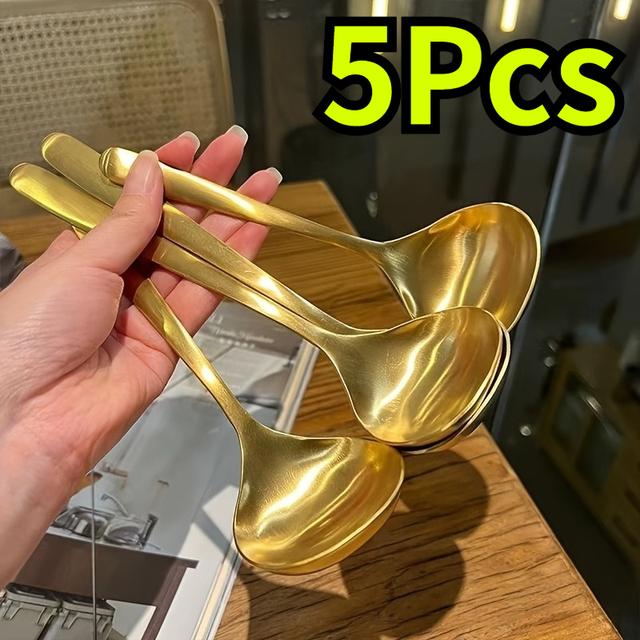TEMU Set Of 5 Large Golden Spoons, Featuring A Wide Ideal For Soups And , With Extended Handles, Suitable For Hot Pots And Commercial Use