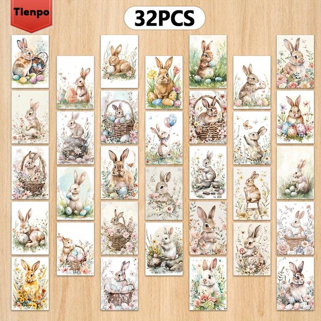 TEMU 32pcs TLENPO Tarjetas Postales Vintage de con Diseños de Conejo y Flores - Tarjetas de Felicitación Elegantes para Fiestas, Recuerdos y Decoración de Dormitorio,