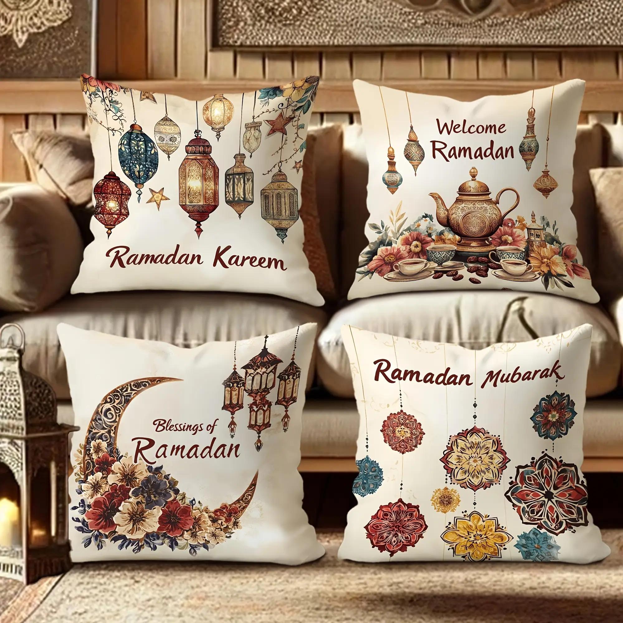 TEMU 4 st platta Ramadan festdekoration månljuslykta blommig Ramadan Mubarak kuddfodral, brun guld röd vintage svan mjukt kuddfodral, sängdekoration utan fyllning, Ramadan dekoration