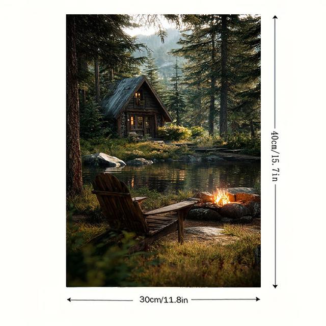 TEMU 1pc Framed Rustic Forest Cabin & Bonfire - Wrap-around Frame Cozy Painting 12x16 Inch (30x40cm) Nature Landscape Picture For Bedroom,, Kitchen Decor - Style Bonfire, 2d Flat