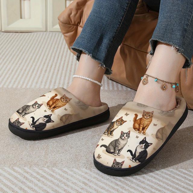 TEMU A Pair Of Women's House Slippers With Cat Print, Soft Plush Lining And Non-slip Sole, Suitable For Indoor And Outdoor Use In Winter, Featuring Animal Art Print Design, For Her