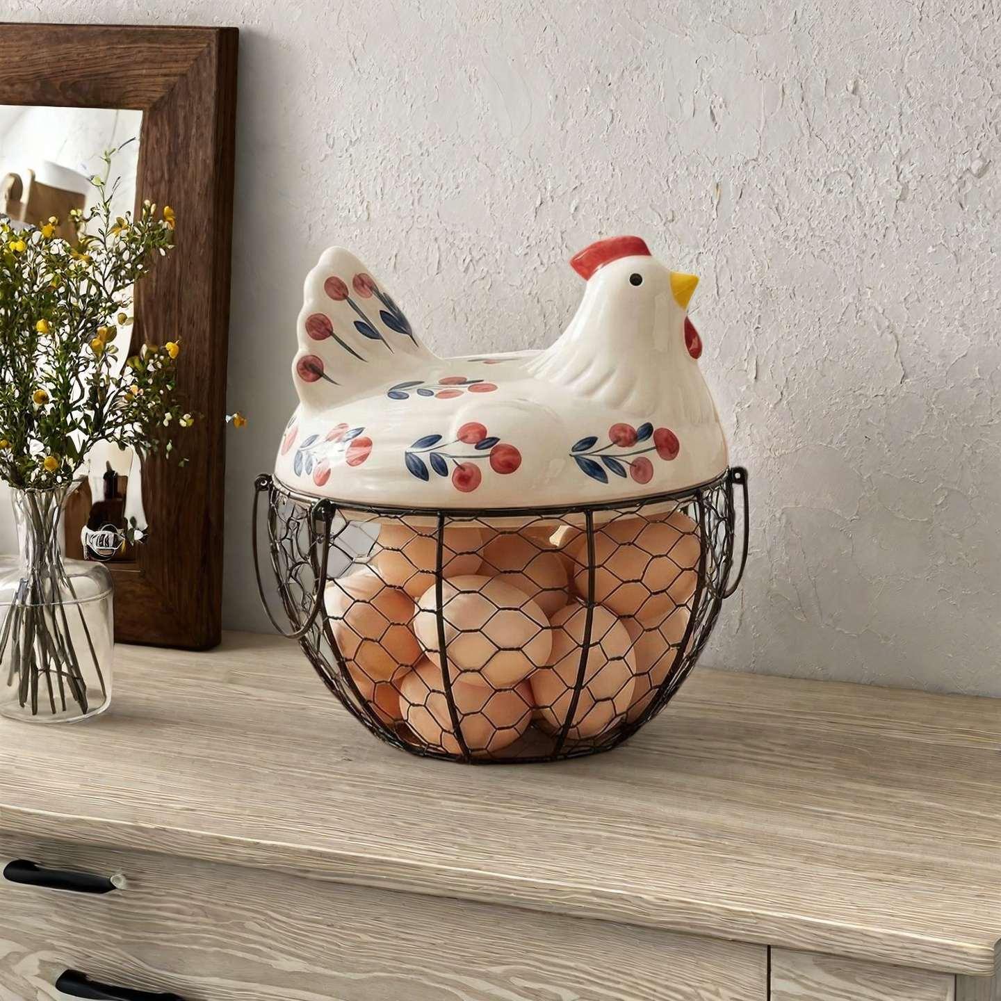 TEMU Hand-painted Hen-shaped Ceramic Lid Egg Basket, Farmhouse Metal Wire Storage Container With Dustproof Lid & Handle, Large Capacity Organizer For Eggs, Fruits, Coffee Capsules, Remote & Keys