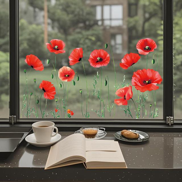 TEMU Creative Simulation Rhoeas Flower Glass Electrostatic Adhesive Home Decorative Window Display Wall