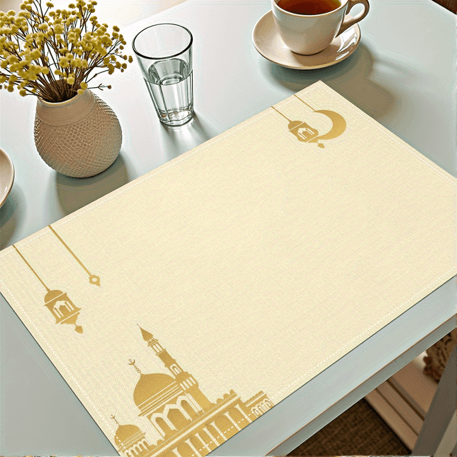 TEMU 4-pack Ramadan Placemats, Traditional Lantern & Design, Beige Geometric Pattern, Cultural , Polyester Woven, Hand Wash Only, Eid Al-fitr Celebration Kitchen Decor