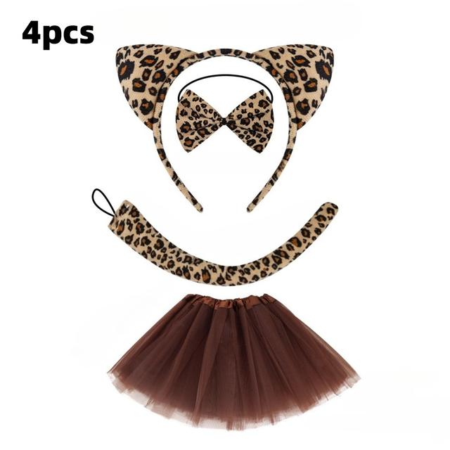 TEMU Set de 4 diademas de orejas de leopardo, que incluyen un disfraz de falda tutú de animal, orejas, y corbatín para Halloween, disfraces y añadidos de disfraces de