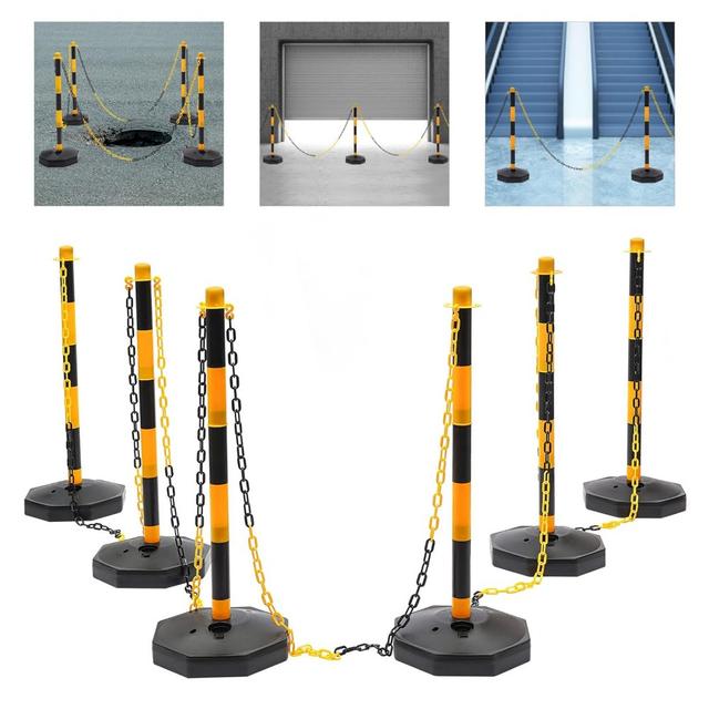 TEMU 6 Sets Sicherheitswarnpfosten, Gelbe Kunststoff-Verkehrswarnungspfosten mit füllbaren Basen und Pfählen, 6 Warnpfosten inklusive 5 Ketten (2 Meter) und 10 S-Schnallen