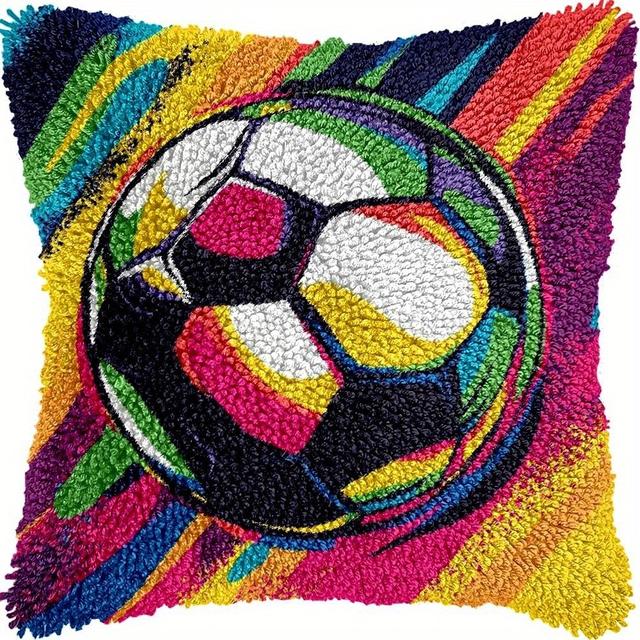 TEMU Generieke Voetbal Kleurrijke Haakpakketten Kussen Bedrukt Kussen Haakgaren Handwerk DIY Haakpakket Kussensloop Vloerkleedhoes Huis Bank Kerstdecoratie 43x43cm(4)