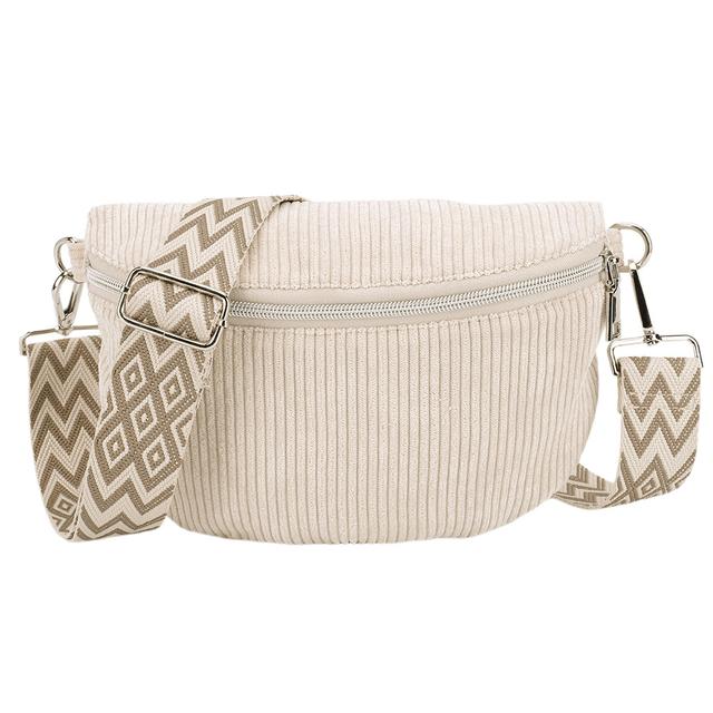 TEMU Adjustable Corduroy Crossbody Fanny Pack For - Stylish Bum Bag With Chevron Pattern Strap, Zipper Closure, Ideal For Travel & Workout - In Black, Beige, Green