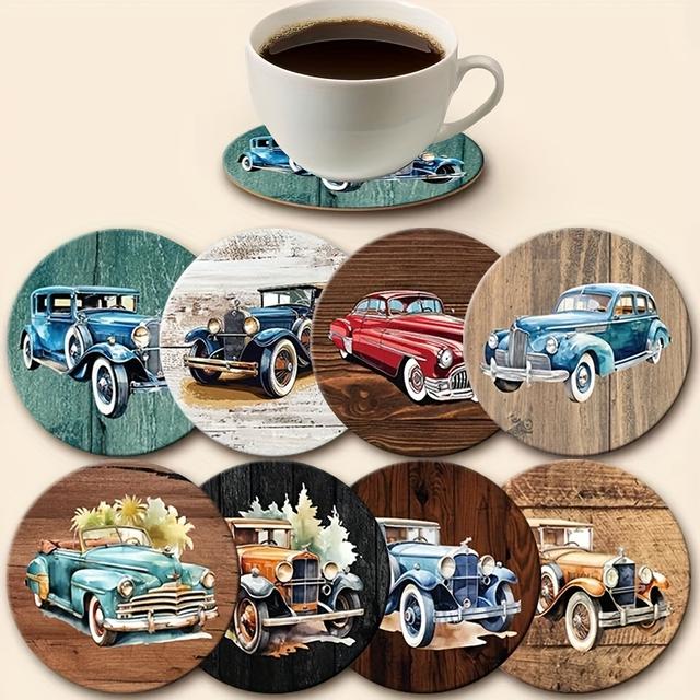 TEMU 8pcs Vintage Car Theme Coasters | Classic Car Patterns, Heat-resistant Non-slip Wooden Drink Mats - Ideal Gift For Car Enthusiasts, Office/decorative Use, Hand Wash