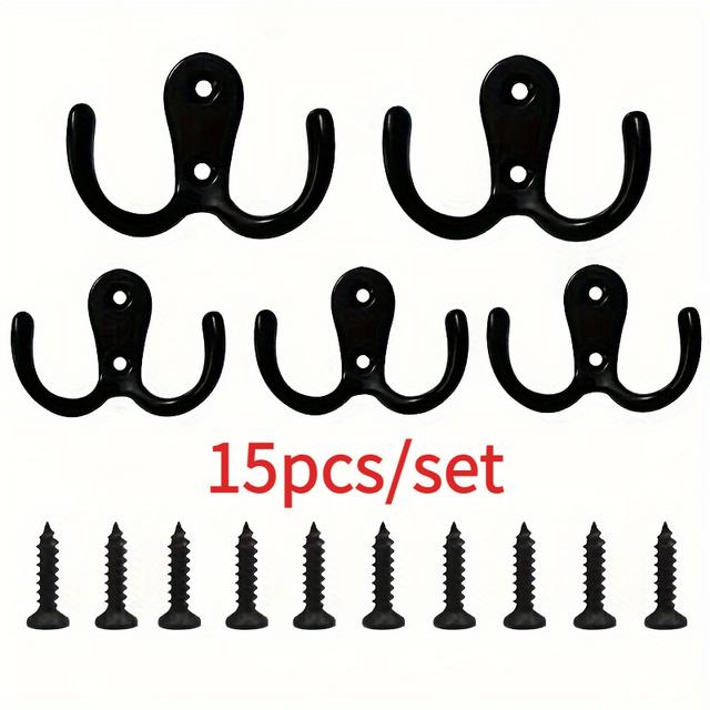 TEMU 15pcs/pack 5 Double Hooks+ 10 Screws Clothes Hooks Wall Hooks, Heavy Metal Double Hooks, , Suitable For Hanging Clothes, Towels, Keys, Jackets, , Ideal For Bedroom And Bathroom